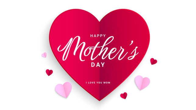 Mother's Day greeting card design. Mother's day background with pink and red paper heart elements. Vector illustration