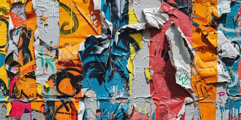 Vibrant graffiti layers peeling on urban texture for contemporary art display
