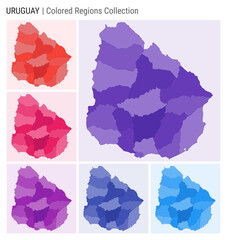 Fototapeta premium Uruguay map collection. Country shape with colored regions. Deep Purple, Red, Pink, Purple, Indigo, Blue color palettes. Border of Uruguay with provinces for your infographic. Vector illustration.