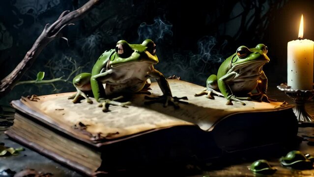 Three curious frogs convene on an open book under candlelight, as if engaged in a secretive discussion. This atmospheric image creates a sense of an enchanted meeting, blending natural and