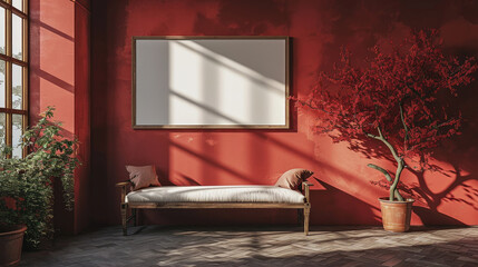 interior of room, red walls, white plain picture frame 