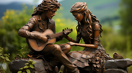 statue of the men and women with guiter,artificial of coupe sitting and playing guite - obrazy, fototapety, plakaty