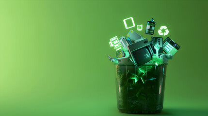 A semi - opaque recycling bin filled with electronic waste, overlaid with glowing eco - tech icons, against a light green background.
