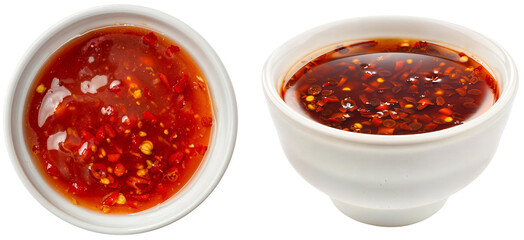 bowl with sweet chili sauce made with red chili peppers, garlic and vinegar, isolated on a white background, side and top view, food bundle - Powered by Adobe