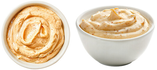 white bowl with chipotle aioli made with mayonnaise, chipotle peppers in adobo sauce, garlic, and lime juice, isolated on a white background, side and top view - obrazy, fototapety, plakaty