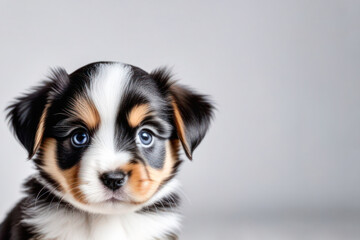 cute little puppy on a white background, space for text. Pet food and dog day advertising concept.