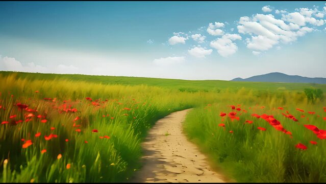 Yellow brick road through green meadows with red poppy flowers, fantasy summer outdoor horizontal background.