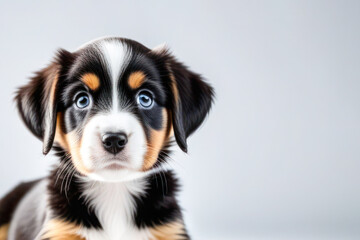 cute little puppy on a white background, space for text. Pet food and dog day advertising concept.