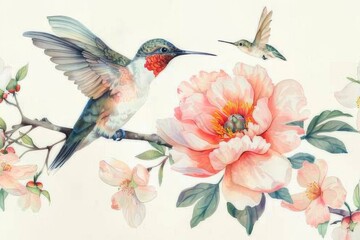 Watercolor-style illustration of a peony with a hummingbird, isolated with no background.
