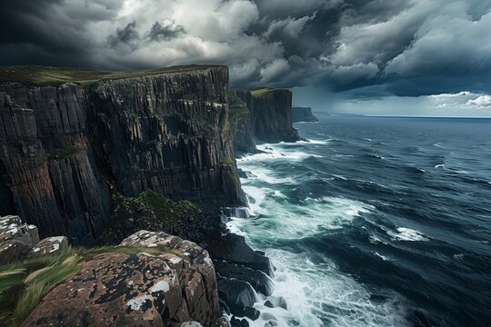 /imagine A dramatic seascape in Scotland, where rugged cliffs plunge into the swirling waters of the North Sea. Storm clouds gather on the horizon, casting an ominous shadow over the rocky shore.