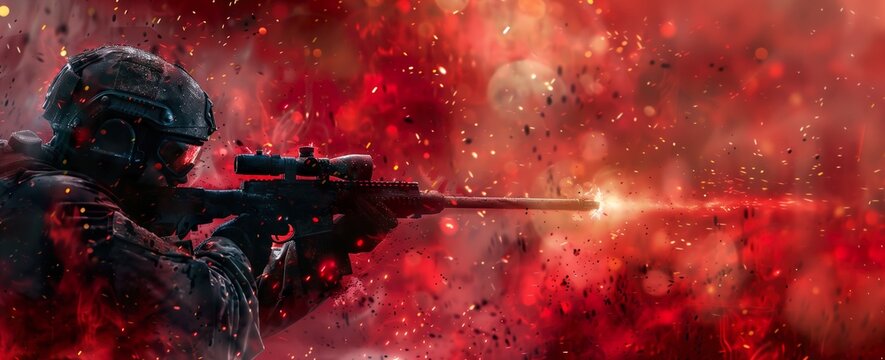 Sniper on a red background. Shooter game inspired background with negative space 