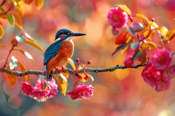 Vivid Kingfisher Resting Among Autumn Berries - Generative AI