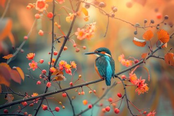 Fototapeta premium Vivid Kingfisher Resting Among Autumn Berries - Generative AI