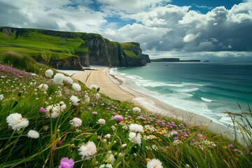 /imagine A picturesque beach in Ireland, framed by dramatic sea cliffs and rolling green hills....