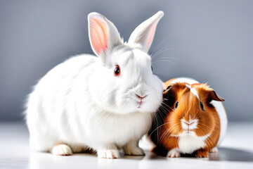 rabbit and guinea pig on a white background, space for text. Animal food advertising concept. - obrazy, fototapety, plakaty