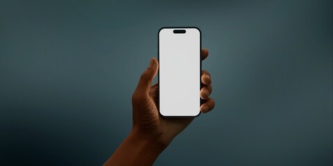Black African-American hand displays a modern smartphone with a blank screen  - 758737203
