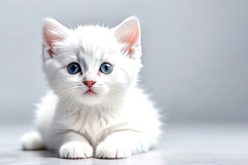 cute little white kitten on a white background, space for text. Pet food advertising concept and cat day.