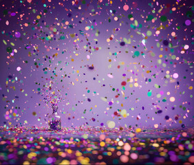 beautiful bottle with confetti popping out in purple, green, pink, blue and yellow, background is...
