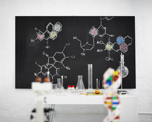 Science, laboratory and equipment with blackboard, molecules and atoms with education. Medical,...