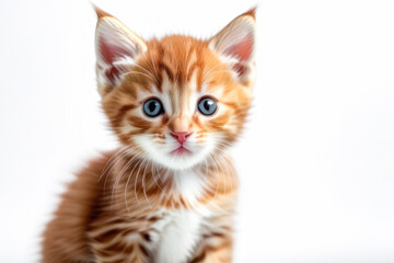cute little red kitten on a white background, space for text. Pet food advertising concept and cat day.