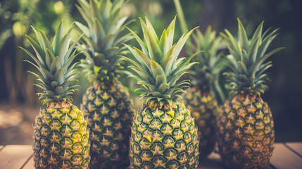 Toned photo of pineapples, a tropical fruit on a wooden table. Pineapples are a delicious and nutritious natural food
