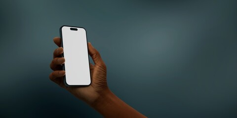 Black African-American hand displays a modern smartphone with a blank screen  - 758737441