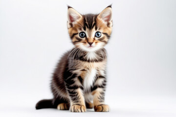 Obraz premium cute little kitten on a white background, space for text. Pet food advertising concept and cat day.