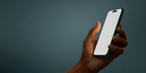 Black African-American hand displays a modern smartphone with a blank screen  - 758737622