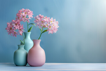 Decorative vases with blooming flowers