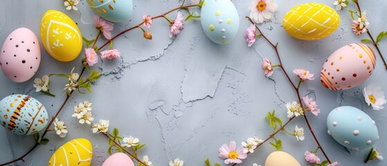 Easter holiday celebration decoration banner greeting card with - Empty blank frame made of pastel painted eggs and branches with flowers, on concrete cement table texture. Top view, flat lay