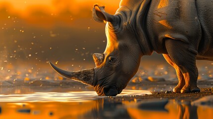 Majestic rhinoceros drinking at sunset, golden light reflecting off tranquil waters.