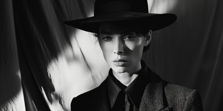 Stylized black and white portrait of a woman in hat and suit, classic and timeless elegance