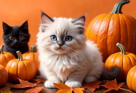 A beautiful young purebred Ragdoll kitten sits among pumpkins. Halloween card.