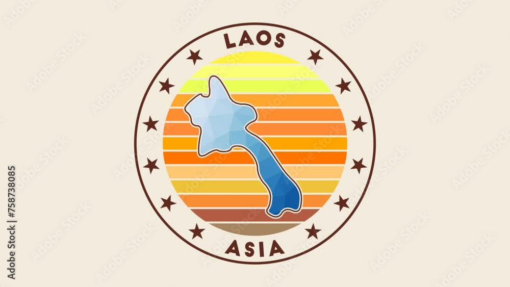 Poster laos intro video. badge with the circular name and map of the country in low poly tech geometric sty