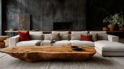 Modern Living Room with Sectional Sofa and Wooden Coffee Table
