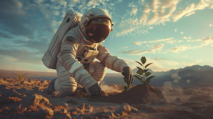 An astronaut wearing a spacesuit is planting plants on the surface of an unknown planet. With a...