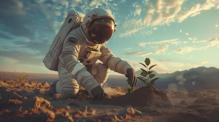 Poster An astronaut wearing a spacesuit is planting plants on the surface of an unknown planet. With a backdrop of vast skies and views of the dry earth landscape, Ai generated Images © mohammad