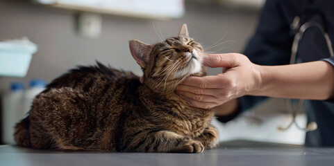 Contented cat enjoys gentle strokes from a vet's hand on a clinical table.