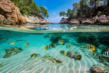 /imagine A secluded bay in Spain, where the water is so clear you can see straight to the sandy bottom, with colorful fish darting among the rocks.