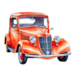 Orange Red vintage car watercolor illustration, transport travelling vehicle, retro style car, cutout on white background, vector clipart