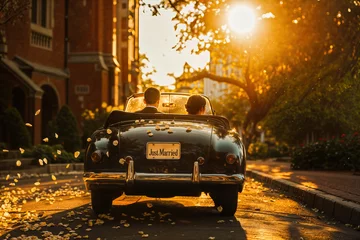 Poster Newlyweds in a vintage car with just married sign, celebrating as they drive at sunset © bluebeat76