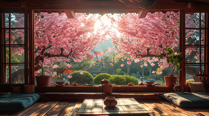 Traditional Japanese Room Overlooking Cherry Blossoms in Springtime