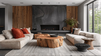 Modern Living Room Interior with Wooden Accents and Fireplace