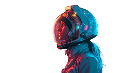 A woman in a high-tech cosmonaut suit isolated on a transparent background