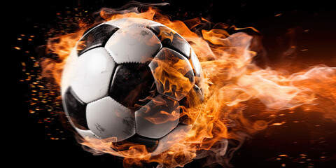 Soccer ball with bright flame flying on black background. Ai Generative