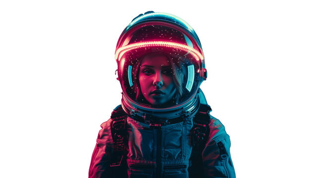 A woman in a high-tech cosmonaut suit isolated on a transparent background