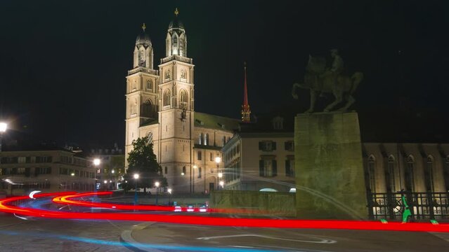 Twin Tower Church (Grossmünster), cathedral in Zürich, Switzerland. Night time lapse