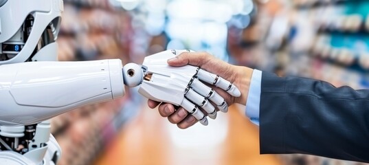 Human and robot hands shake in close up encounter, symbolizing technology and humanity converging