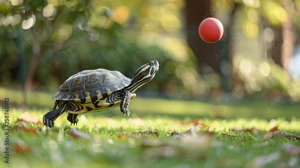 Poster a turtle is playing with a red ball in a grassy area. the turtle is in the middle of the scene, and 