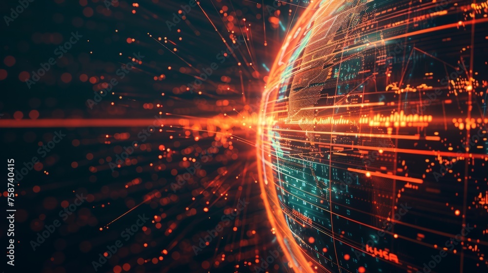 Poster digital data globe abstract illustration of a scientific technology data network surrounding planet 